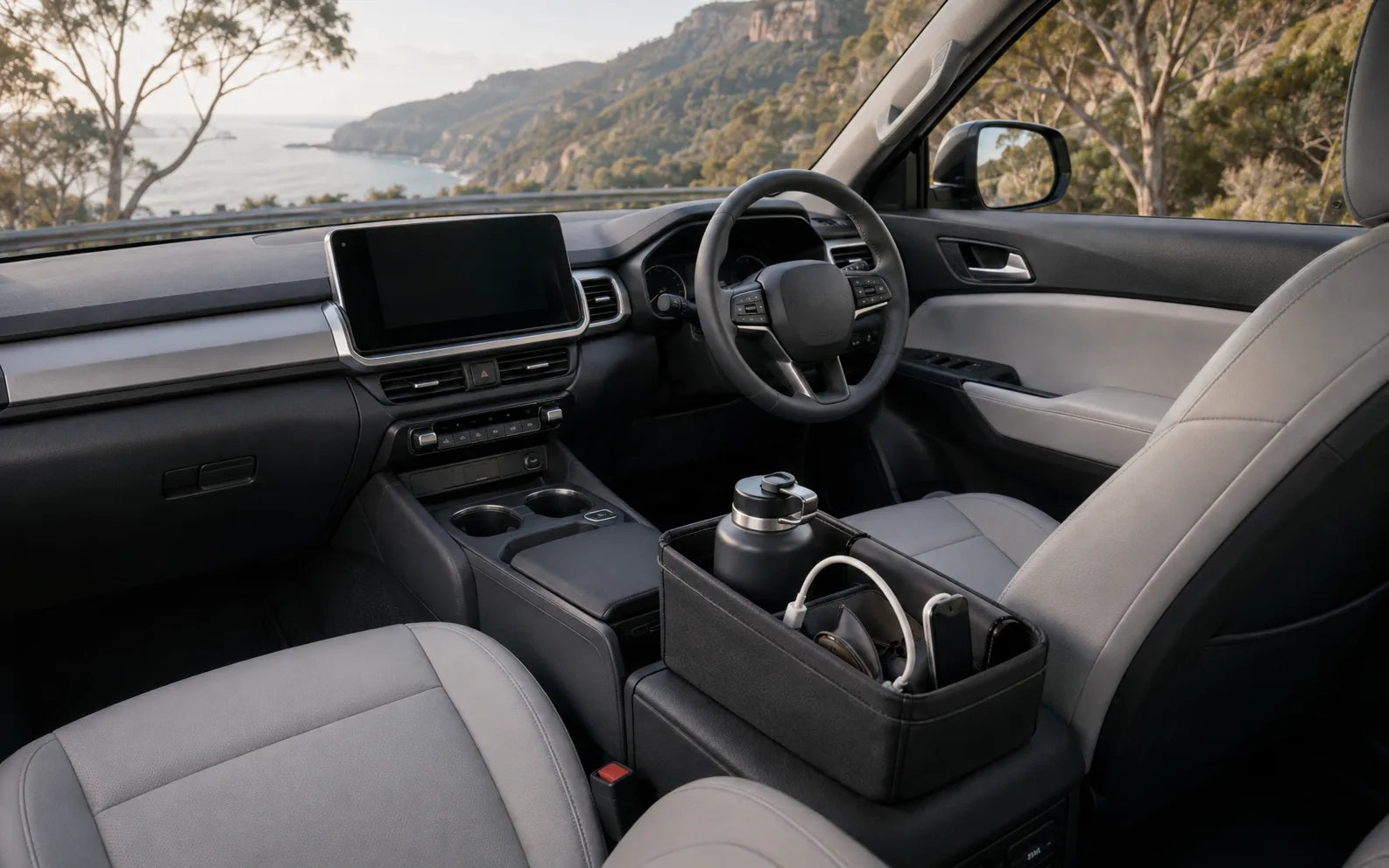 Practical storage accessories inside a modern right-hand-drive vehicle